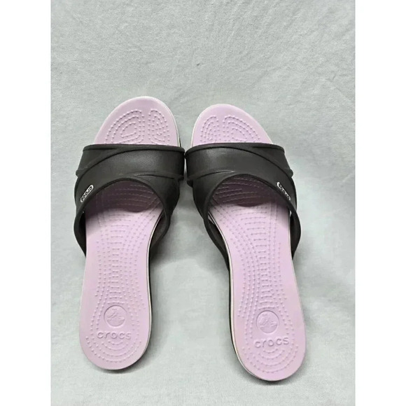 CROCS Cyprus Womens Sz 8 Low Wedge Sandals Brown Pink Criss-Cross Strap Slip On - Picture 10 of 11